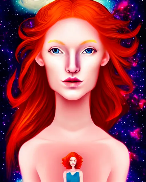 Image similar to space astral portrait of a beautiful girl, red hair, ginger hair, fantasy, glowing skin, smooth face, perfect eyes, half body shot, tarot card