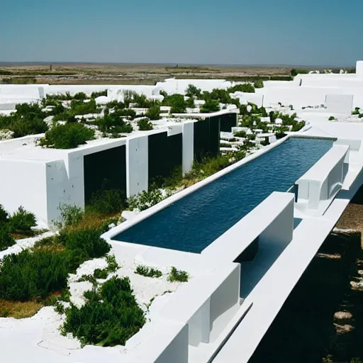 Image similar to habitat 6 7, white lego architect building in the dessert, many plants and infinite pool