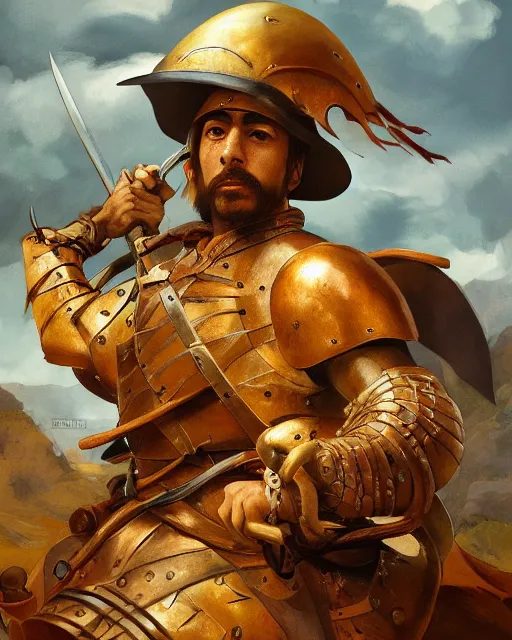 Prompt: portrait of a spanish conquistador in battle, by daniel zrom and mingchen shen and pablo picasso and rembrandt, studio ghibli color scheme, detailed, handsome, anatomy, sharp focus, photography, magic : the gathering, octane, cinematic lighting, facial features, clear face, realistic face, golden ratio