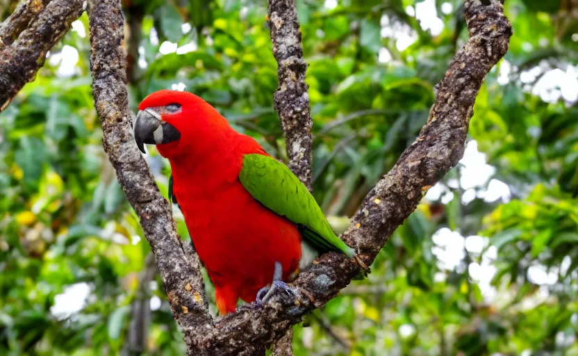 Image similar to a red-winged parrot, sitting in the trees surrounded by salami