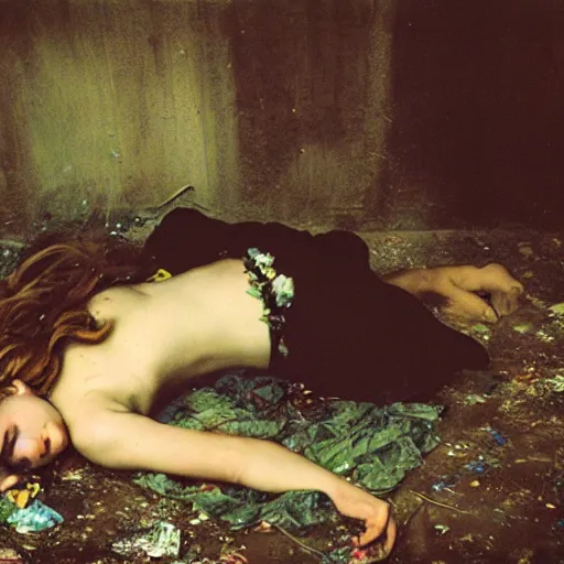 Image similar to a girl mutant Ophelia by Sir John Everett Millais laying on a dirty mattress covered in filth and garbage in an dark concrete basement room covered in trash. 35mm film. Cursed image.