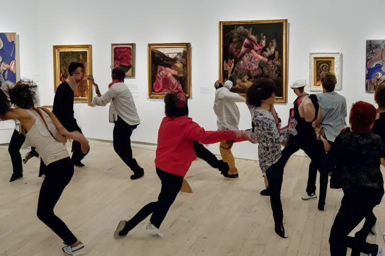 Image similar to a group of people attacking an art gallery show