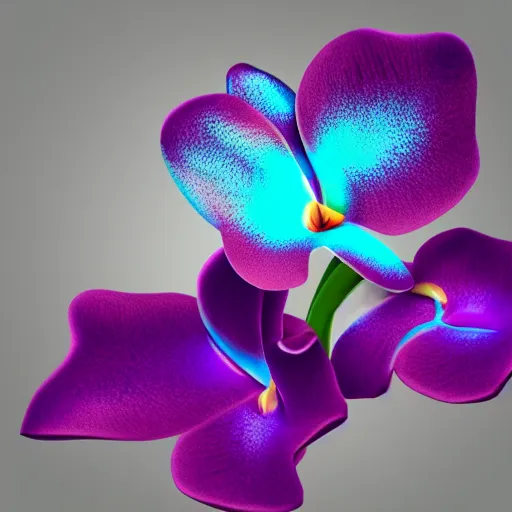 Image similar to isometric perspective icon of a cattleya orchid in monochromatic light blue reflective metallic iridescent material, 3 d render on dark background