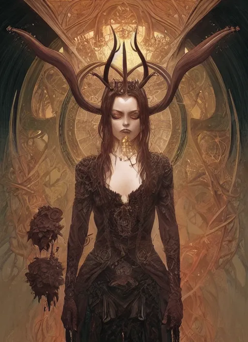 Prompt: a beautiful illustration of a satanic witch with horns in head, intricate, sharp focus, illustration, highly detailed, digital painting, concept art, matte, art by wlop and artgerm and greg rutkowski and alphonse mucha, masterpiece