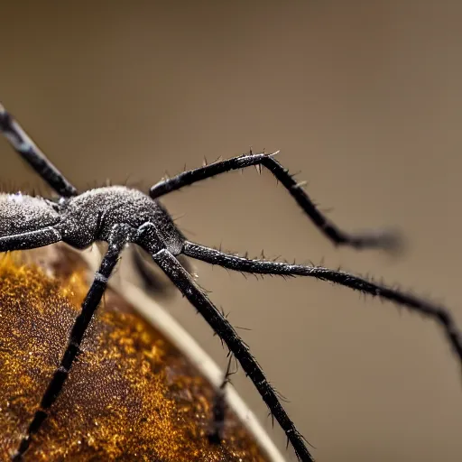 Image similar to close up photo of a cellar spider, drinking water from a lake in tasmania, bokeh, 4 0 0 mm lens, 4 k award winning nature photography