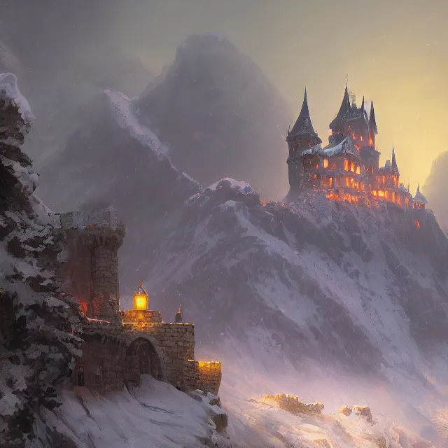 Prompt: a painting of a castle in the middle of a snowy mountain, a detailed matte painting by andreas rocha and greg rutkowski, vibrant colors, night time, midnight, featured on artstation, fantasy art, matte drawing, matte painting, artstation hq