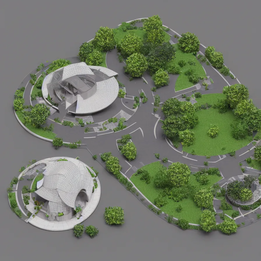 Prompt: architectural model, isometric view, 3 d render, studio lighting, low contrast, dark background, highly detailed, a plot with a circular house with circular courtyards, tree