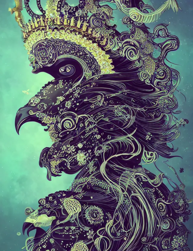 Image similar to goddess macro close - up portrait with crown, ram skull. beautiful intricately detailed japanese crow kitsune mask and clasical japanese kimono. betta fish, jellyfish phoenix, bioluminescent, plasma, ice, water, wind, creature, artwork by tooth wu and wlop and beeple and greg rutkowski