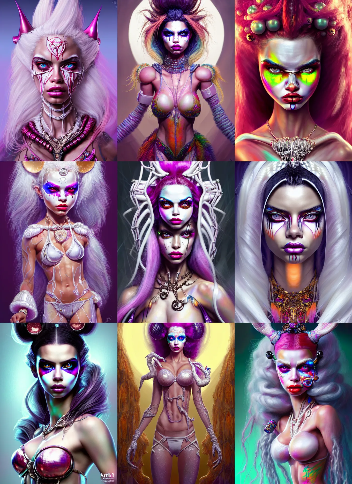 Prompt: bright white clowncore : : disney weta portrait, soft lustrous mutant raver adriana lima cyborg, bling, hi - fructose, sci - fi fantasy intricate decadent highly - detailed digital painting, ever after high, octane render, artstation, concept art, smooth, sharp focus, illustration, artgerm, mucha, loish, wlop