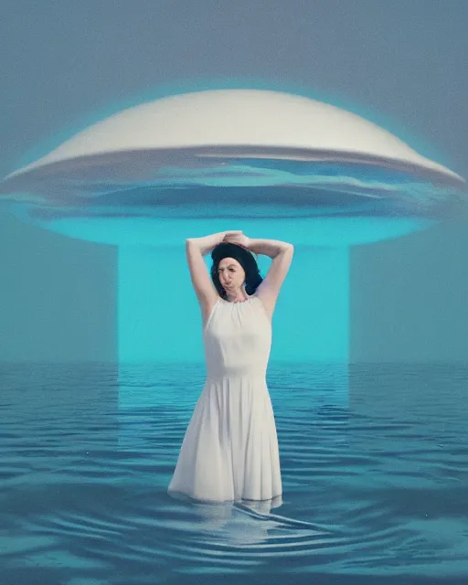 Image similar to a woman in a white dress standing in the water, an album cover by stanley twardowicz, trending on cg society, retrofuturism, retrowave, chillwave, synthwave