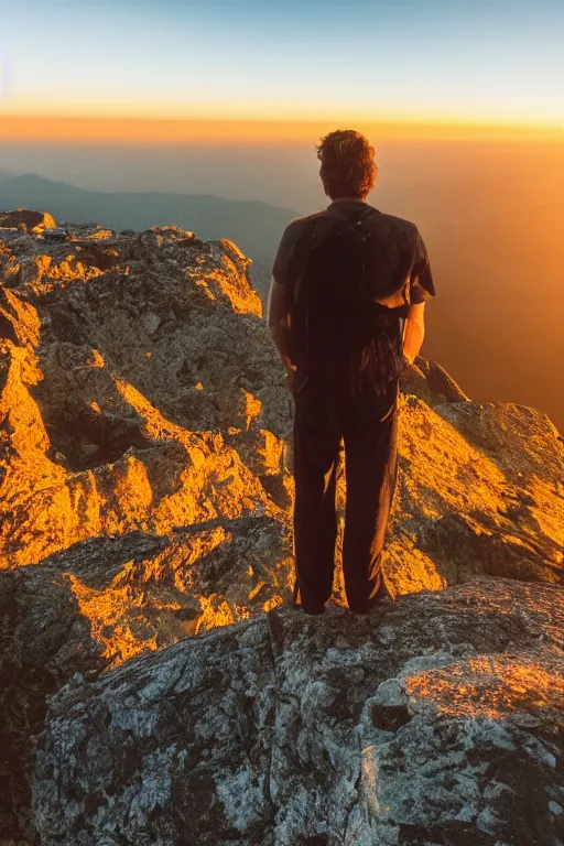 Image similar to a movie still of a man standing on the top of a mountain at sunset, golden hour