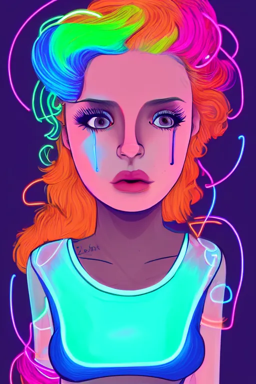 Prompt: a award winning portrait of a beautiful woman with stunning eyes in a one off shoulder croptop and cargo pants with rainbow colored hair, outlined by whirling illuminated neon lines and fine lines swirling in circles by lois van baarle, digital art, trending on artstation