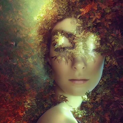 Prompt: a highly detailed digital image of an elegant woman surrounded and engulfed in leaves, matte background, artstation, detailed woman, stunning volumetric lighting, elegant, fantasy, 4k, 8k