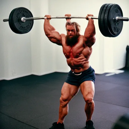 Prompt: photo of hyper masculine viking lifting weights at the gym cinestill, 8 0 0 t, 3 5 mm, full - hd