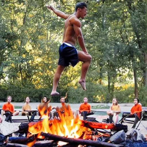 Image similar to male college gymnasts performing stunts around a campfire