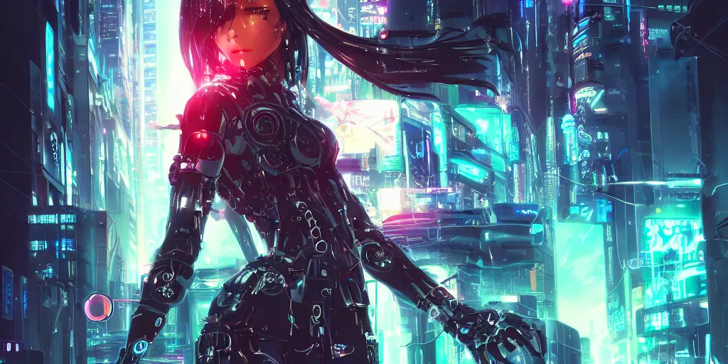 Image similar to full digital cyberpunk anime!!, shattered cyborg - girl in the style of arcane!!!, lightning, raining!!, water refractions!!, black long hair!, biomechanical details, neon background lighting, reflections, wlop, ilya kuvshinov, artgerm