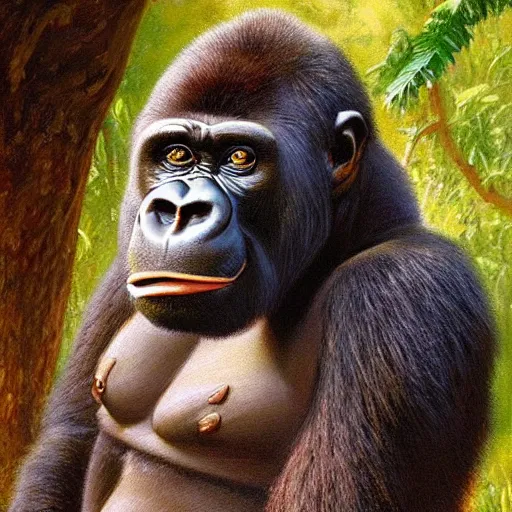 Prompt: portrait of a gorilla woman ( 3 5 ) from tanzania, 5 0 0, 0 0 0 bce, an oil painting by ross tran and thomas kincade