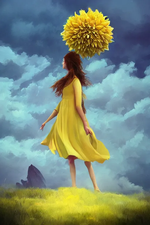 Image similar to closeup girl with huge yellow dahlia flower face, intricate, standing on mountain, surreal photography, blue storm clouds, dramatic light, impressionist painting, digital painting, artstation, simon stalenhag