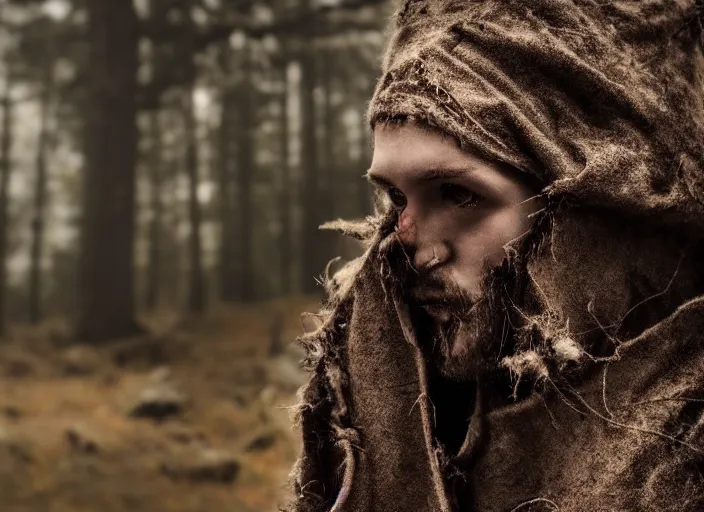 Prompt: character and environment photography, portrait 2 0 - year - old male druid, biomechanical!!!!! tattered hood and robe, infested bear standing, medium shot, wide angle, 2 0 0 px, low key