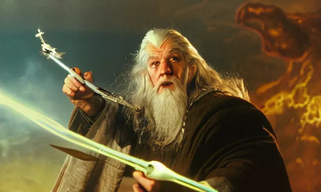Prompt: gandalf with large electronic robotic arm and hand battling the balrog 3 5 mm photograph