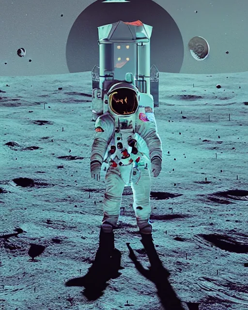 Image similar to a person standing in front of an open door that's on the moon, poster art by mike winkelmann, trending on cg society, space art, sci - fi, ue 5, futuristic, volumetric lighting