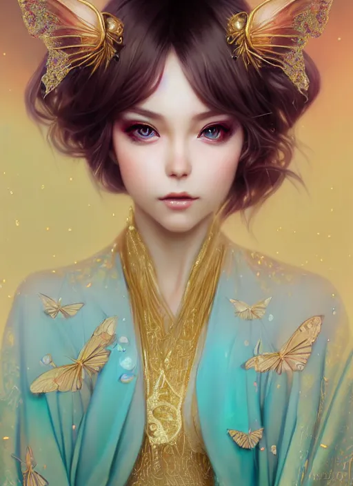 Image similar to dreamlike luxury stunning gorgeous woman fairy portrait, pale turquoise and gold kimono, art by artgerm, wlop, loish, ilya kuvshinov, 8 k hyperrealistic, hyperdetailed, beautiful lighting, detailed background, depth of field, symmetrical face, frostbite 3 engine, cryengine,