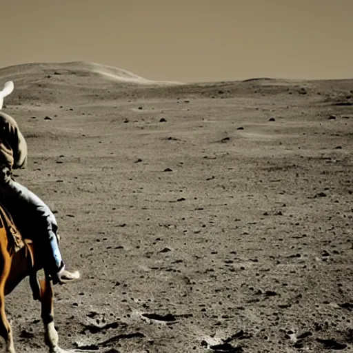 Prompt: a cowboy on horseback on the moon, earth in the distant sky, 5 0 mm