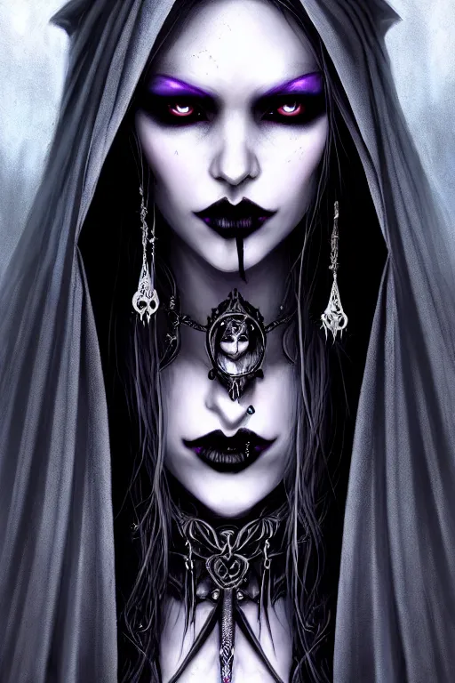 Image similar to hyper realistic portrait art of a female drow necromancer, wearing gothic trinkets, beautiful face, dark hooded robes, moonlit, ghostly atmosphere, spirits, long dark hair, by stanley artgerm lau, wlop, rossdraws, james jean, andrei riabovitchev, marc simonetti, and sakimichan, tranding on artstation