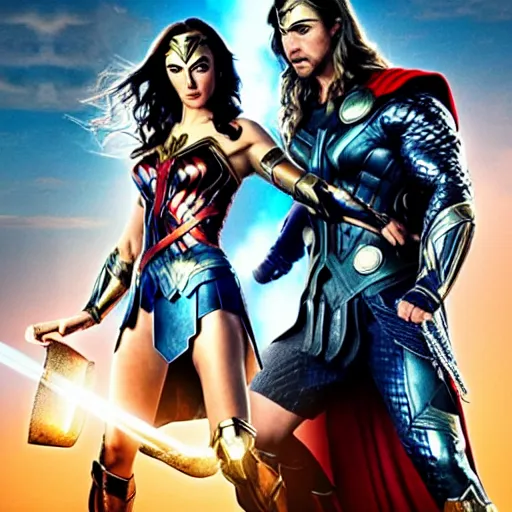 Image similar to chris hemsworth as thor, and gaul gadot as wonder woman, cinematic movie scene, epic fight, blue lightning, yellow lightning, photo