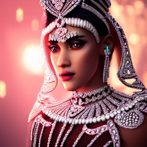 Image similar to portrait of wonderful princess of diamond with fair skin, ornate with diamonds, 8 k, gorgeous, intricate, detailed, glowing white accent lighting, dramatic lighting, octane render