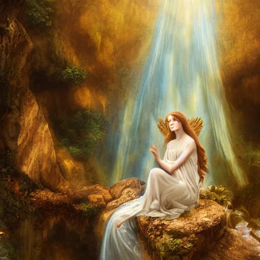 Prompt: a cinematic portrait of a romantic pre - raphaelite fairy angel with wings, sitting in a mystical waterfall cave, golden sunrays, matte painting, highly detailed, 8 k