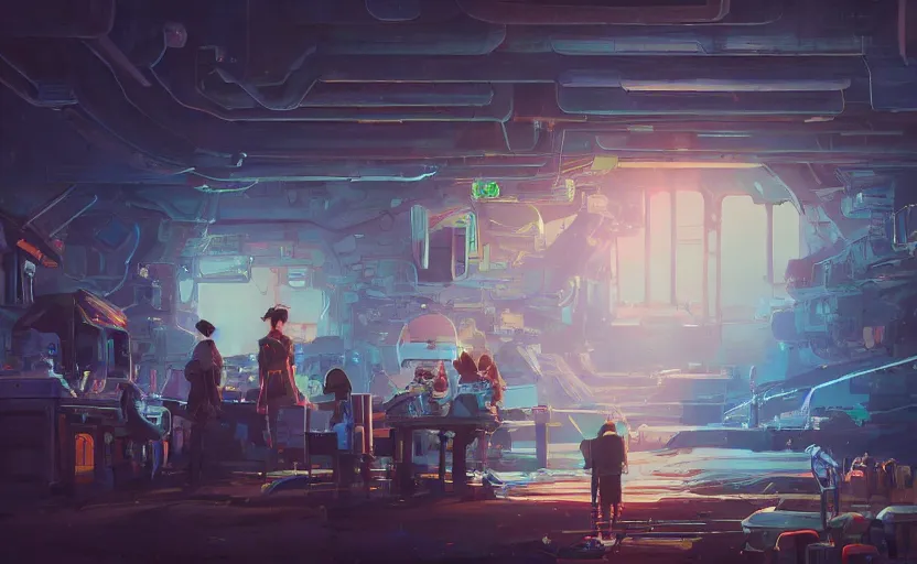 Image similar to a bounty hunter bar in a space opera studio ghibli animated film, global illumination, beautiful composition, volumetric lighting, octane render by alena aenami, highly detailed