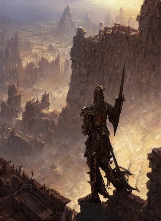 Image similar to The Eldritch Knight standing atop the ruins of a kingdom, full body fantasy art by Donato Giancola, Craig Mullins, digital art, trending on artstation