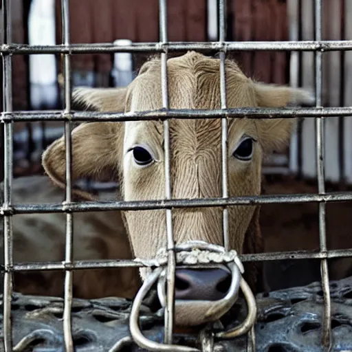 Prompt: chained calf inside a cage watching a bottle of milk
