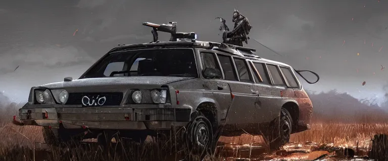 Image similar to Armored and Armed Military Audi 80 B3 Avant (1988) with a mounted M249, Dark Souls 3, Eldritch Horrors, Wretched and Corrupted Knights, a grim fantasy, Anor Londo, dramatic lighting, cinematic, establishing shot, extremely high detail, photorealistic, cinematic lighting, artstation, by simon stalenhag