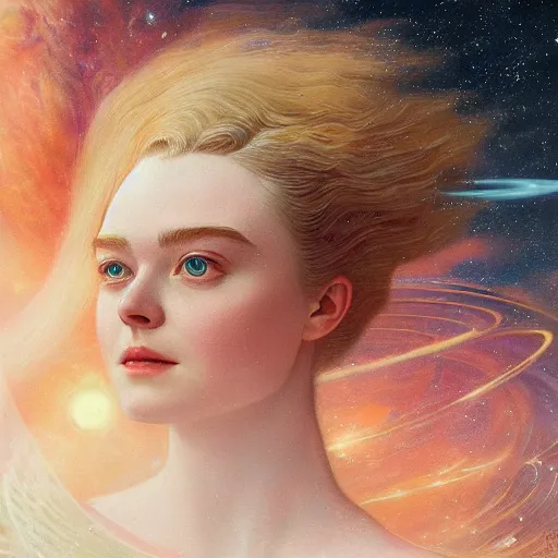 Image similar to a striking hyper real illustration of Elle Fanning in space by Edwin Blashfield, zoom out,