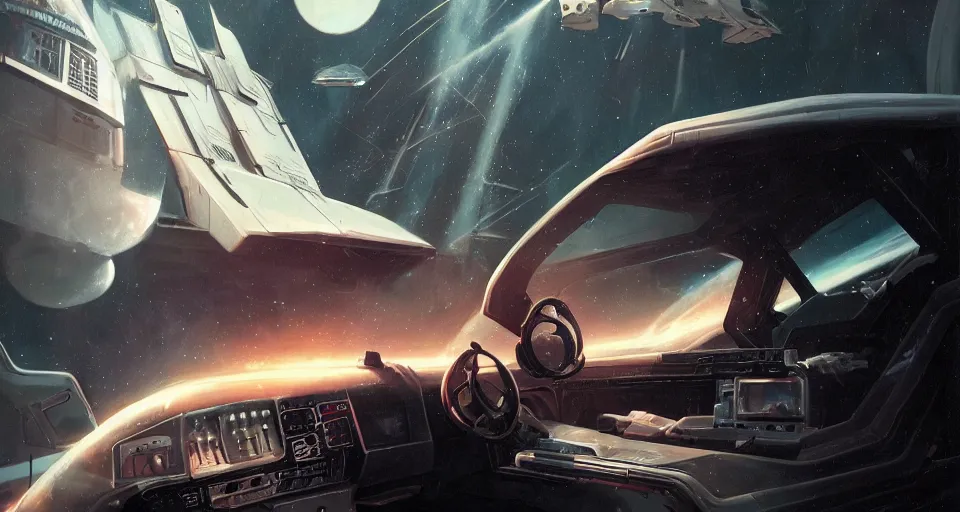 Image similar to gorilla in a white blade runner jacket behind the wheel of a spaceship, in the andromeda galaxie by ash thorp