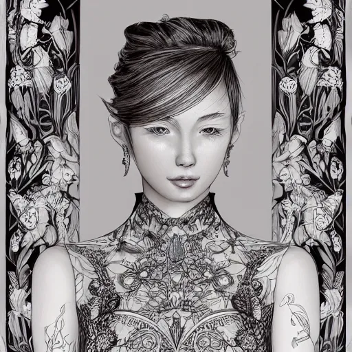 Image similar to the portrait of an unbelievably beautiful, elegant, sensual, and sophisticated young woman, an ultrafine detailed illustration by james jean, intricate linework, bright colors, final fantasy, behance contest winner, vanitas, angular, altermodern, unreal engine 5 highly rendered, global illumination, radiant light, detailed and intricate environment