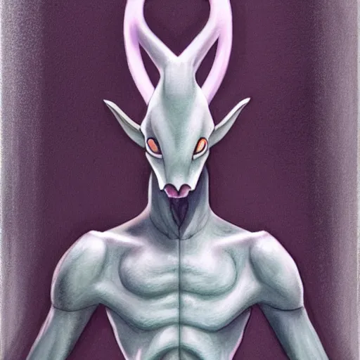 Image similar to a portrait of mewtwo, in the style of wayne barlowe