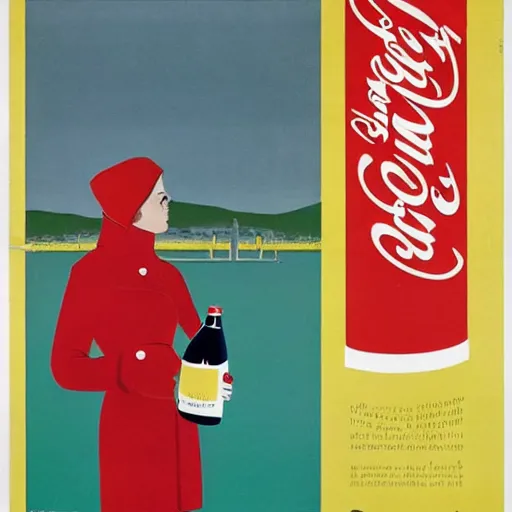 Prompt: a woman in a parka drinking a bottle of coke in an icy landscape, constructivist, russian, soviet advertisement, 1 9 5 0's