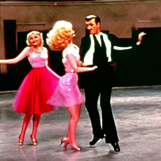 Image similar to Still of Grease (1976) with a tap dance by Fred Astaire and Ginger Rogers, cinematic, technicolor.