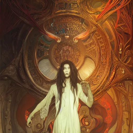 Image similar to hyper realistic portrait of a Necronomicon demon character in a hell portal in a film, art by artery and Greg Rutkowski and alphonse mucha, sci-fi, fantasy, intricate, ornate, very very beautiful, elegant, highly detailed, digital painting, artstation, concept art, smooth, sharp focus, illustration