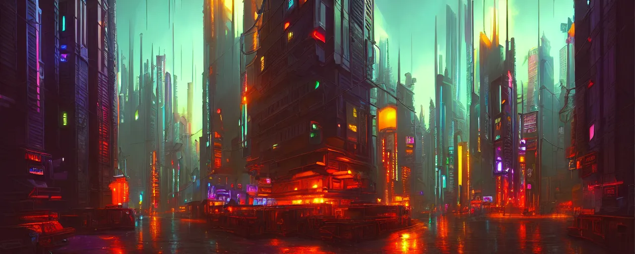 Image similar to A cyberpunk cityscape, by Evgeny Lushpin, dramatic lighting, high contrast colors, panoramic view, as trending on Artstation, highly detailed,