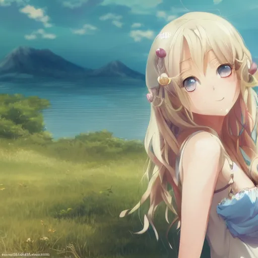 Image similar to a very beautiful anime girl, full body, long wavy blond hair, sky blue eyes, full round face, short smile, cute top, short jeans, summer lake setting, cinematic lightning, medium shot, mid-shot, highly detailed, trending on Artstation, Unreal Engine 4k, cinematic wallpaper by Stanley Artgerm Lau, WLOP, Rossdraws, James Jean, Andrei Riabovitchev, Marc Simonetti, and Sakimichan