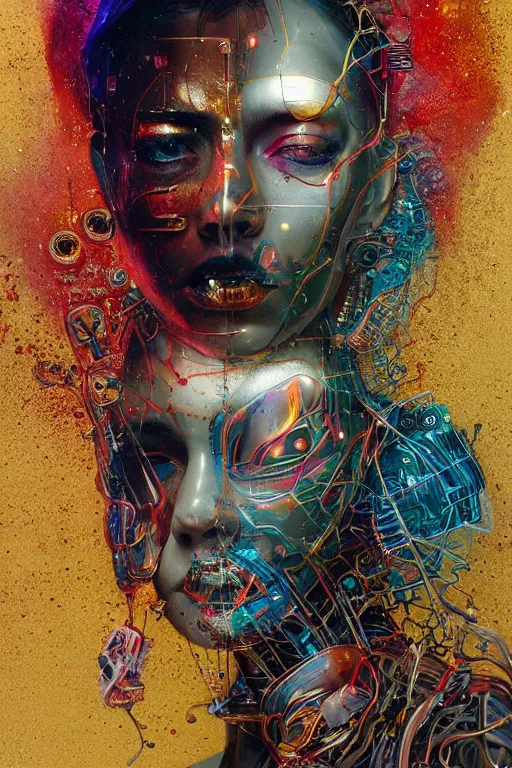 Image similar to portrait of computer & circuits, melting, gems and gold, 8 k, by tristan eaton, stanley artgermm, tom bagshaw, greg rutkowski, carne griffiths, ayami kojima, beksinski, giger, trending on deviantart, face enhance, hyper detailed, minimalist, cybernetic, android, blade runner, full of colour, super detailed