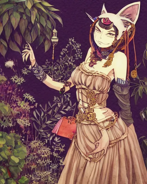 Prompt: middle eastern woman with cat ears, wearing a lovely dress in a steampunk garden. this watercolor painting by the award - winning mangaka has impeccable lighting, an interesting color scheme and intricate details.