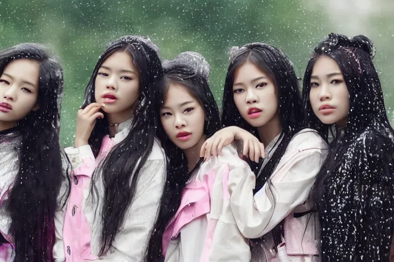 Image similar to a portrait of 4 blackpink singers posing in the rain