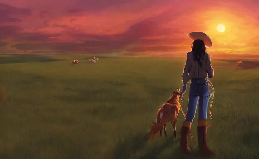 Prompt: a cowgirl watching the sunset peacefully over her farm, anime concept art, anime scenery, anime still, 4k