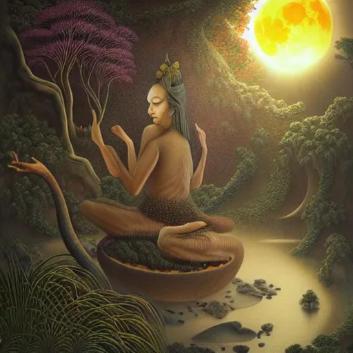 Image similar to an athromorphic wolf character meditating in a zen garden with a waterfall under the blood moon, by Adi granov and afarin sajedi and amanda sage and evgeni gordiets and Agostino Arrivabene in a psychedelic portrait style, ultrarealistic matte painting, volumetric lighting, fractal, extremely symmetrical, highly detailed face, orisha, 8k, hd