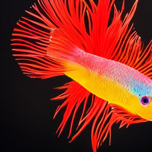 Image similar to a beautiful richly colored beta fish on a black background.